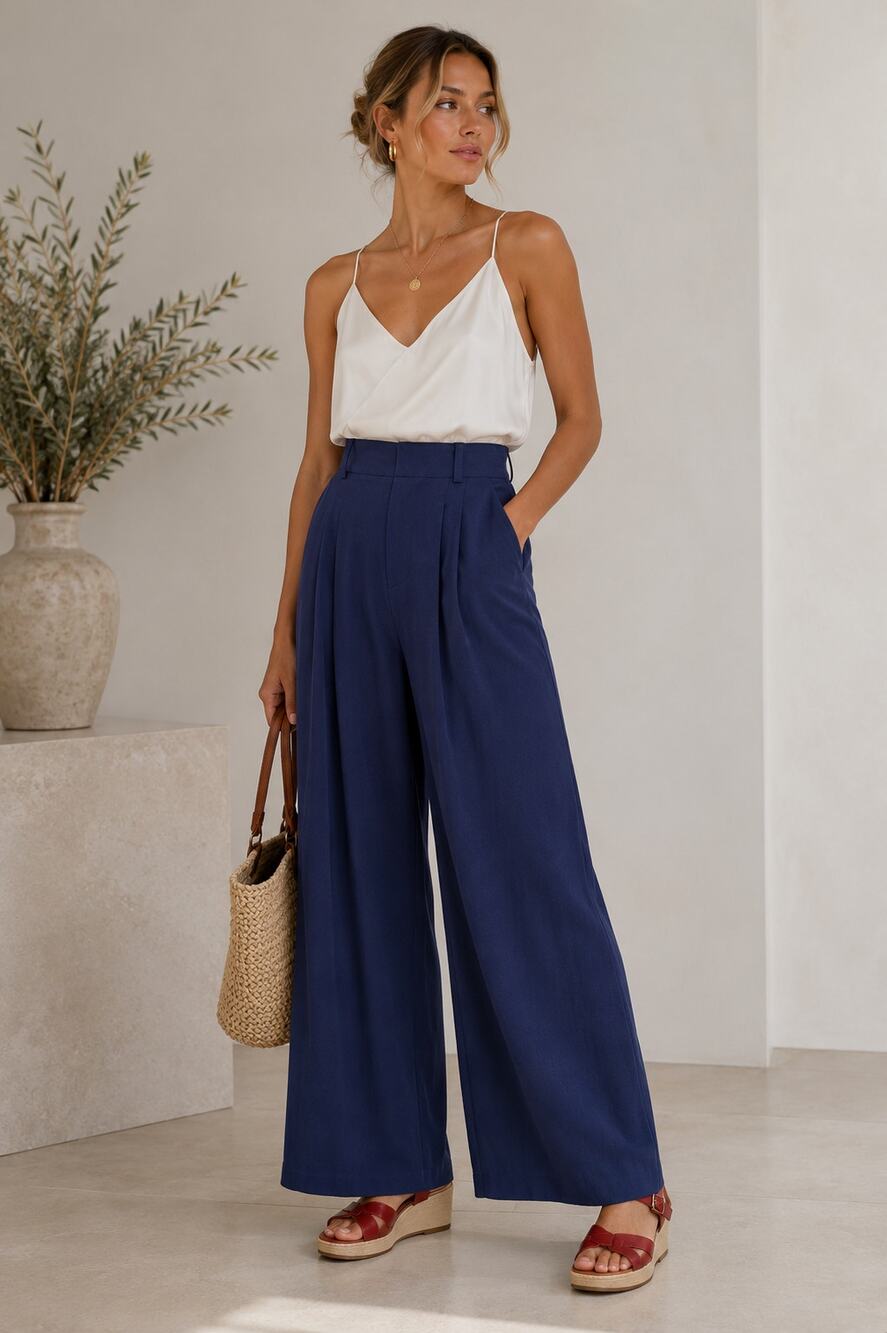 Halara Navy Blue Wide Leg Breezeful High Waisted Pants Womens L Pleated Preppy
